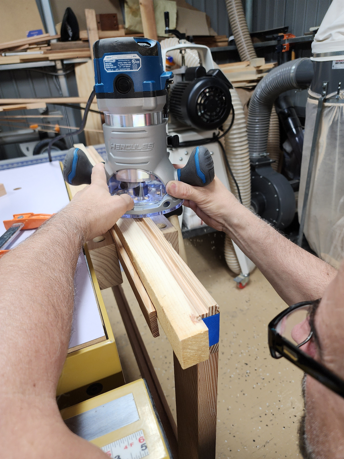 Adam deFelice at his workbench, mid-build